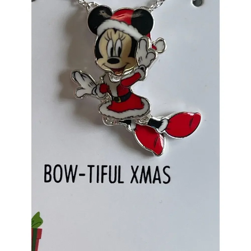 Disney Minnie Mouse Moveable Silver Plated Bow Tiful Xmas Christmas Necklace NEW